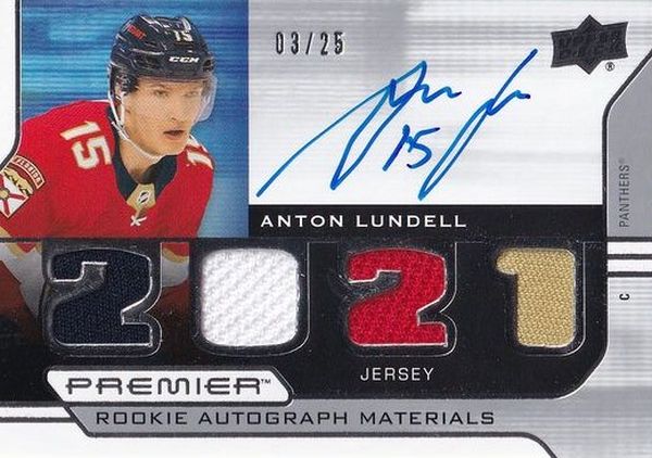 AUTO RC jersey karta ANTON LUNDELL 21-22 UD Premier Rookie Autograph Materials /25